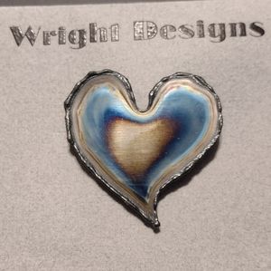 Unique Handmade Metal Heart Brooch, Poured Heat Treated Metal